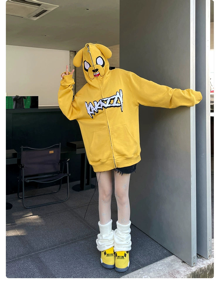 Kawaii Yellow Dog Hoodie - 400GSM Cotton Oversized Zip-Up Hoodie for Anime Streetwear Fans