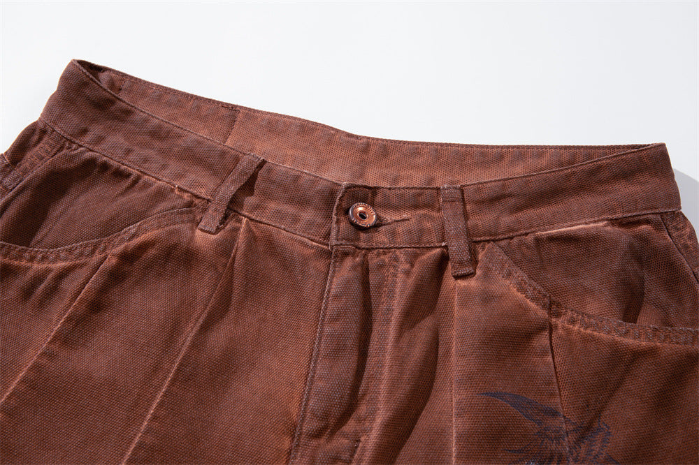 Wide-Leg Cargo Pants – Washed Brown Bird Print, Baggy Fit