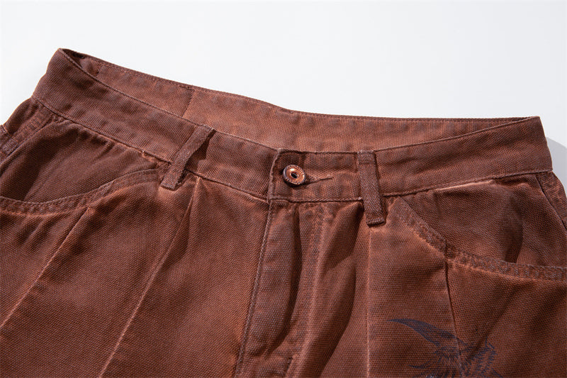 Wide-Leg Cargo Pants – Washed Brown Bird Print, Baggy Fit