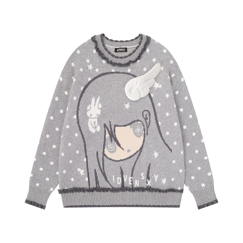 Anime Girl Jacquard Knit Sweater with 3D Angel Wing Patch & Polka Dot Print