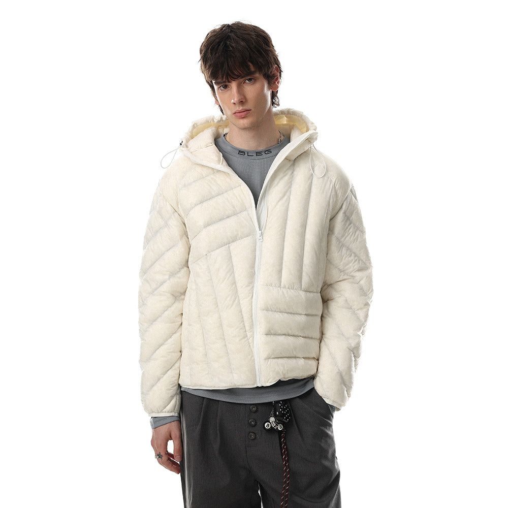 Men's Hooded Puffer Jacket – Irregular Quilted Stitch Design, Ivory & Black