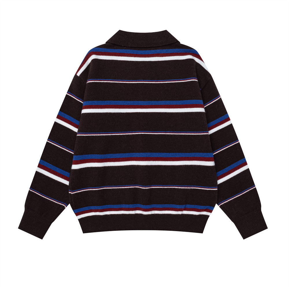 Men's Striped Polo Collar Knit Sweater – Relaxed Fit Long Sleeve