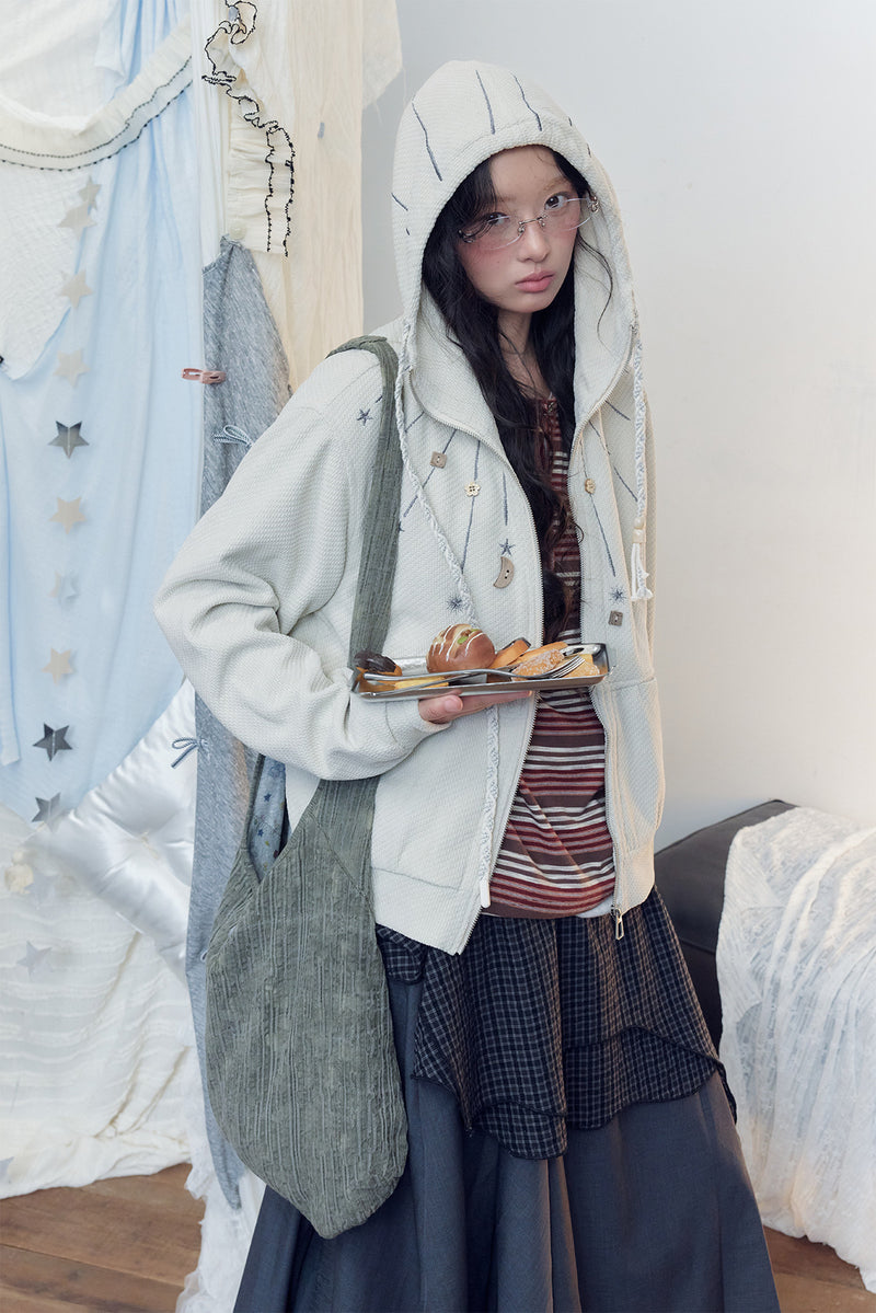 Celestial Moon & Star Embroidered Zip-Up Hoodie Jacket with Hanging Charms