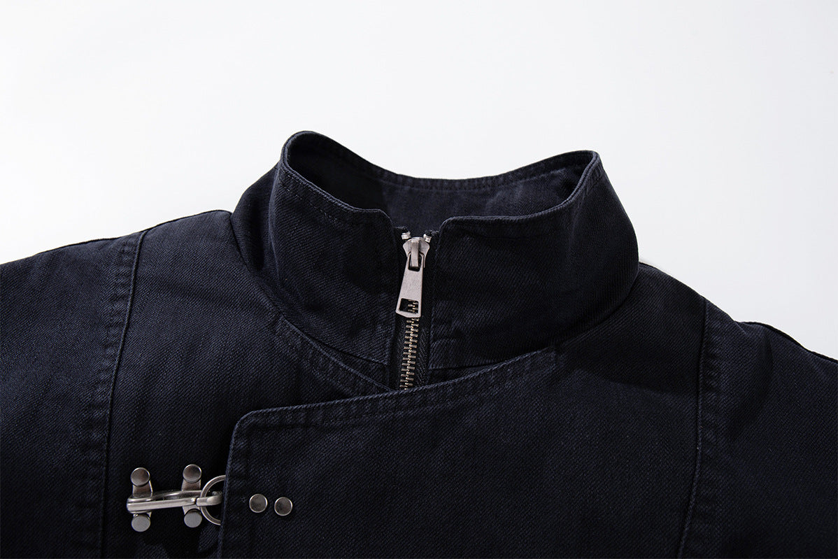 Stand Collar Bomber Jacket – Black Oversized Cropped Denim with Metal Clasp