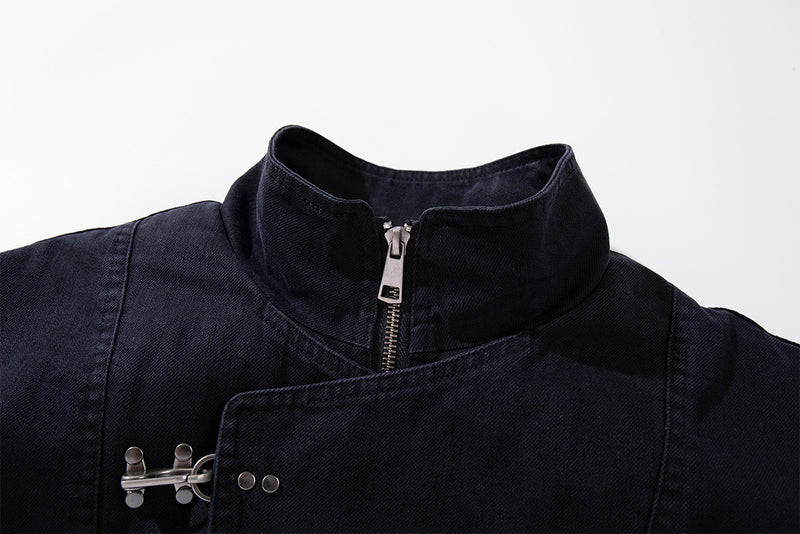 Stand Collar Bomber Jacket – Black Oversized Cropped Denim with Metal Clasp