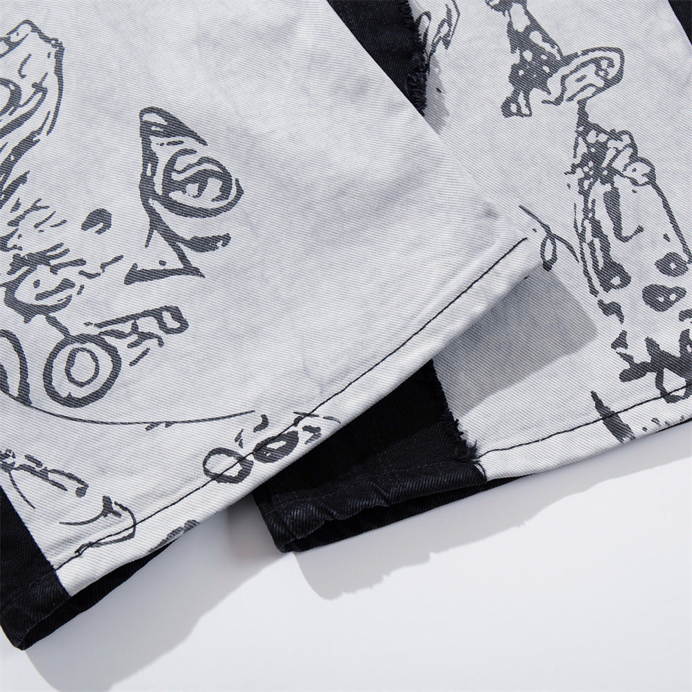 Wide-Leg Patchwork Jeans – Graffiti Print Panels & Studded Detail