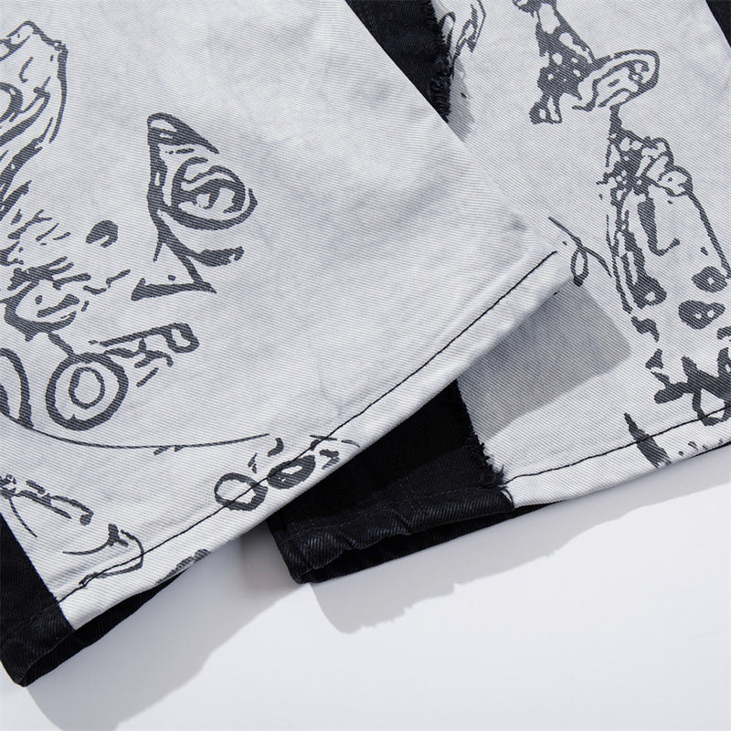Wide-Leg Patchwork Jeans – Graffiti Print Panels & Studded Detail