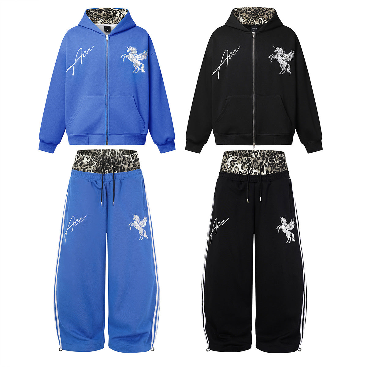 Ace Unicorn Zip-Up Hoodie & Wide-Leg Sweatpants Set with Leopard-Print Lining