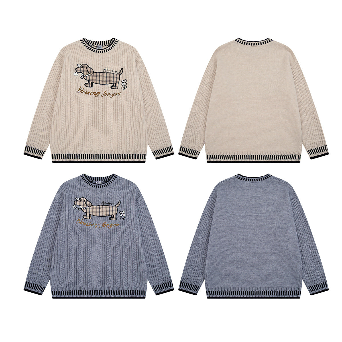 Zopfstrickpullover mit Dackel-Stickerei – Pullover mit Streifenbesatz