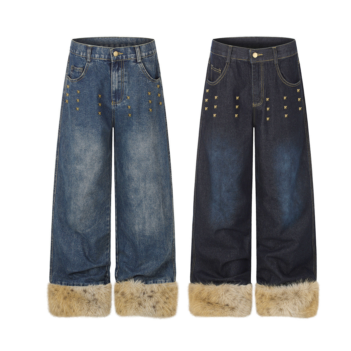 Baggy-Jeans mit weitem Bein, Pelzbesatz am Saum und goldfarbenen Nieten