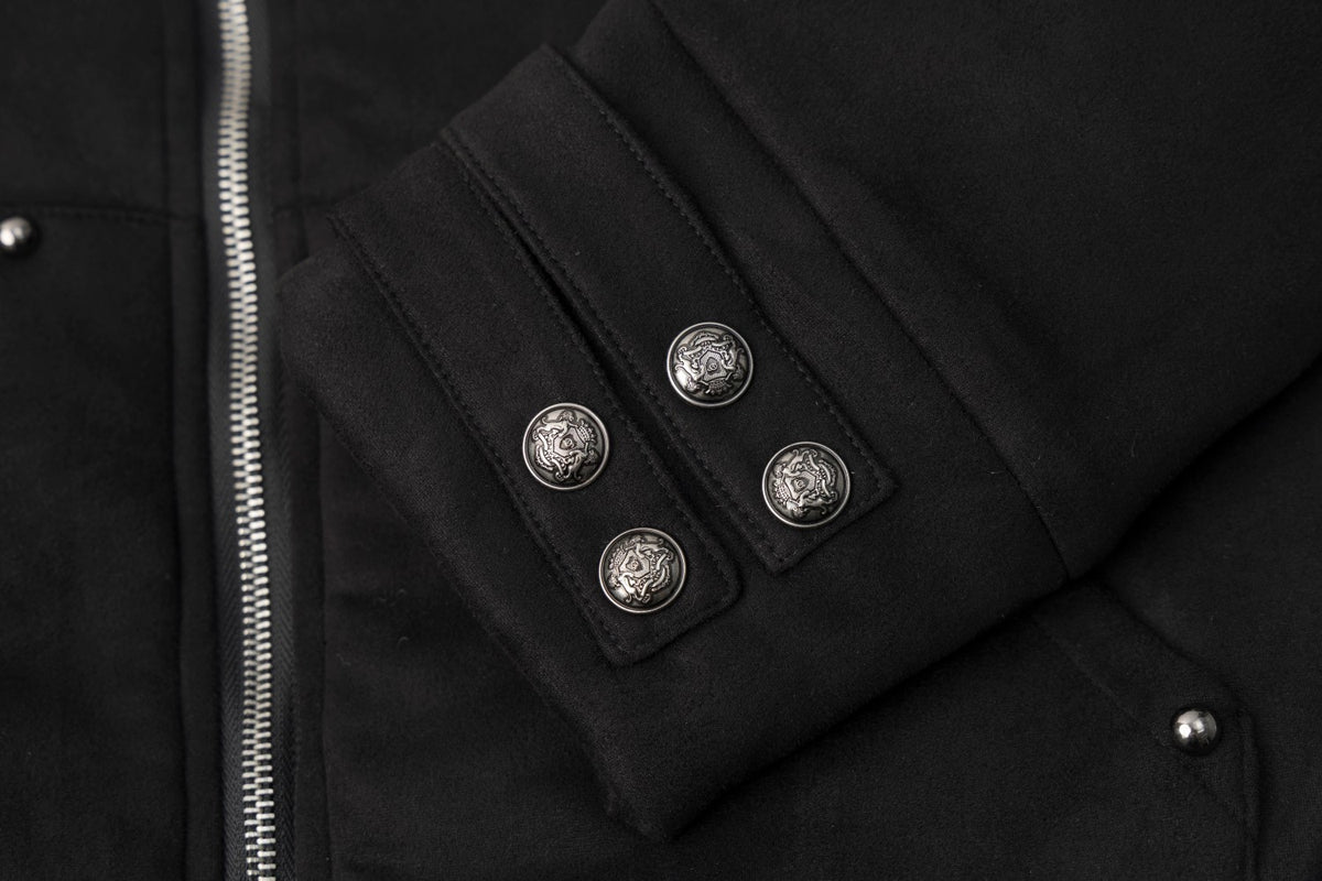 Black Fur-Trim Hooded Bomber Jacket with Arrow Appliqué Sleeves