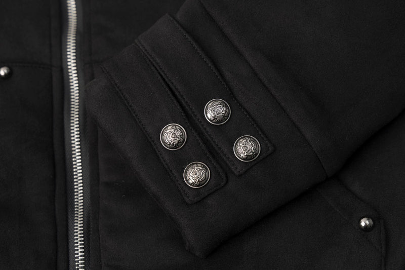 Black Fur-Trim Hooded Bomber Jacket with Arrow Appliqué Sleeves