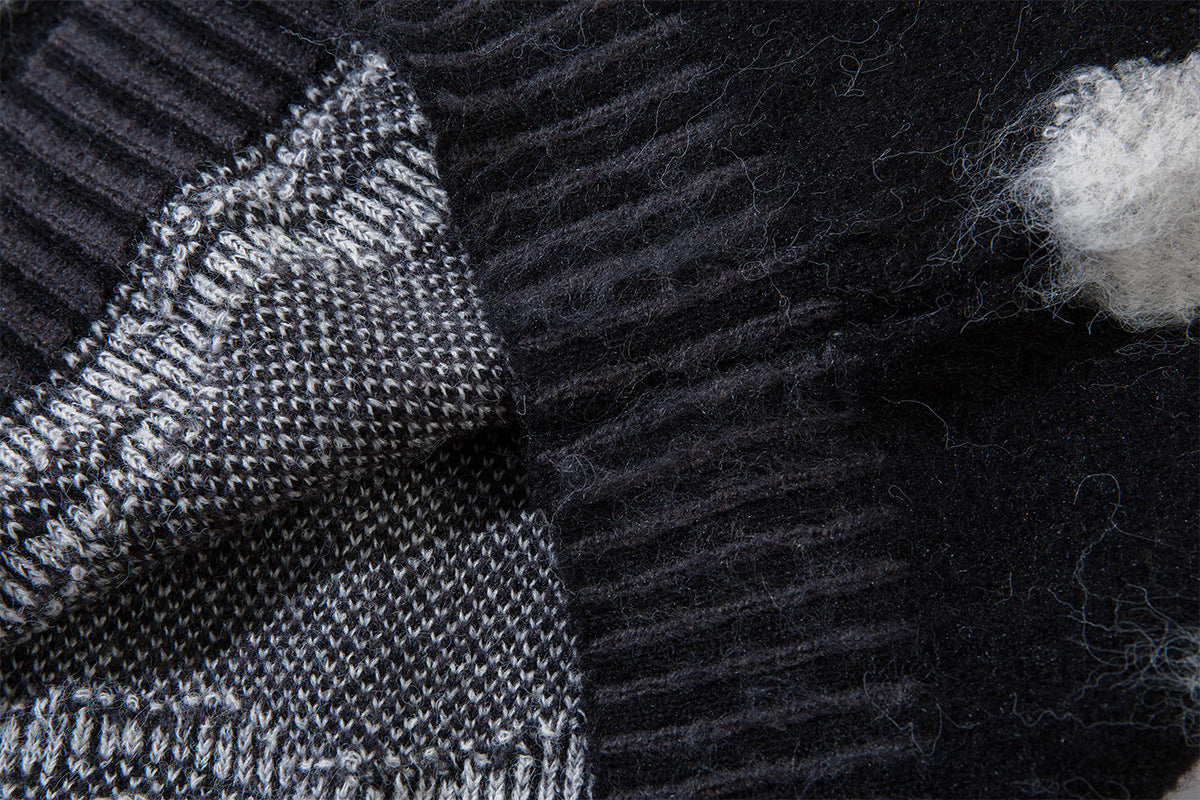 Abstract Camo Jacquard Polo Collar Knit Sweater – Oversized Streetwear Pullover