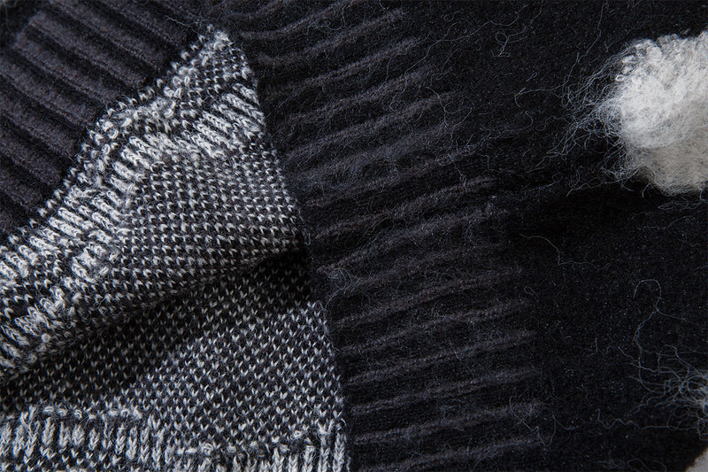Abstract Camo Jacquard Polo Collar Knit Sweater – Oversized Streetwear Pullover