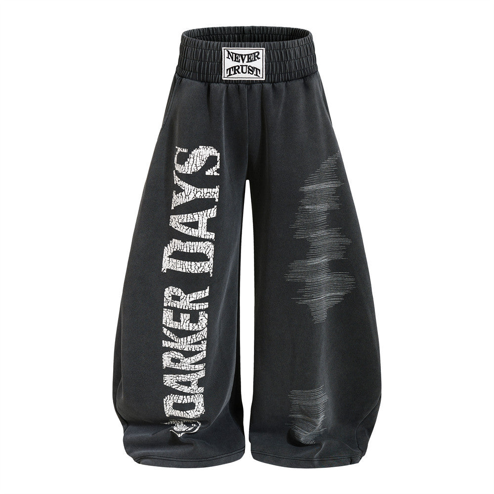 Wide-Leg Sweatpants with Cracked Letter Print and Lightning Graphic