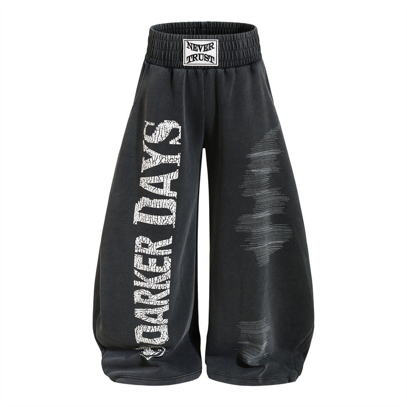 Wide-Leg Sweatpants with Cracked Letter Print and Lightning Graphic