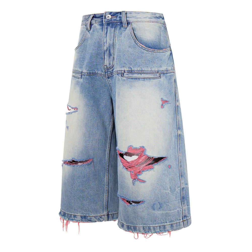 Ripped Wide-Leg Denim Shorts – Pink Thread Distressed, Washed Blue