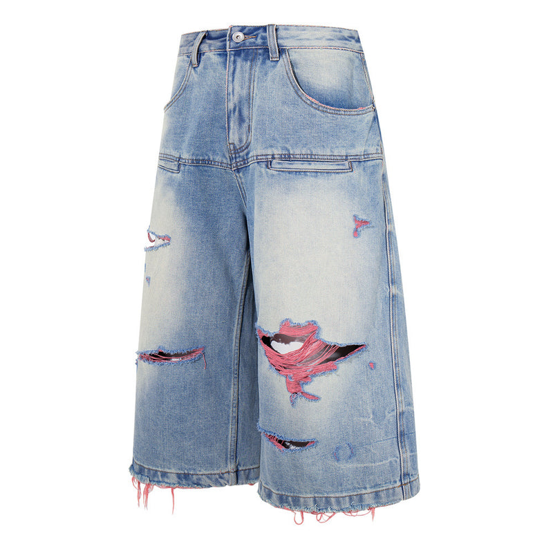 Ripped Wide-Leg Denim Shorts – Pink Thread Distressed, Washed Blue