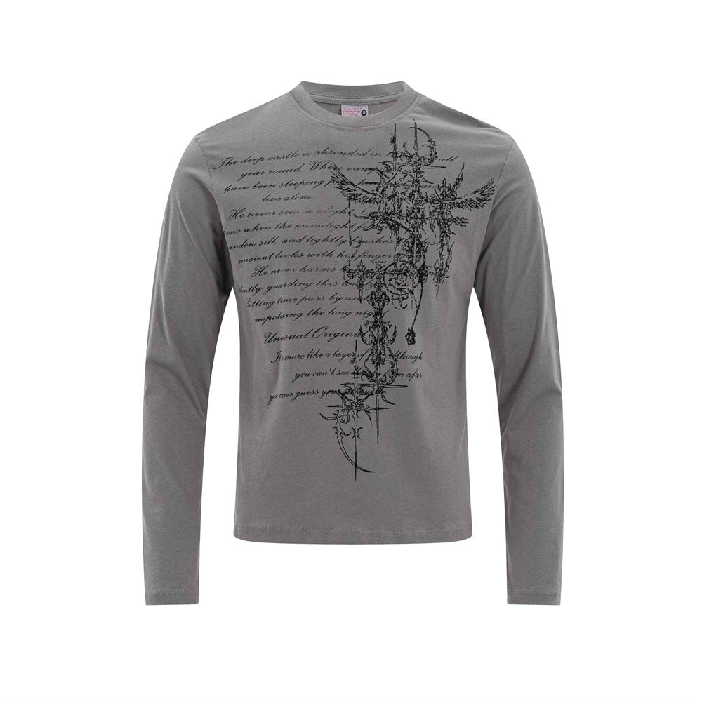 Gray long sleeve T-shirt front view with black gothic cross and script graphic print