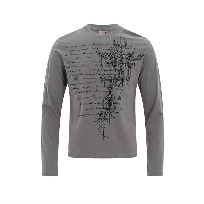 Gray long sleeve T-shirt front view with black gothic cross and script graphic print