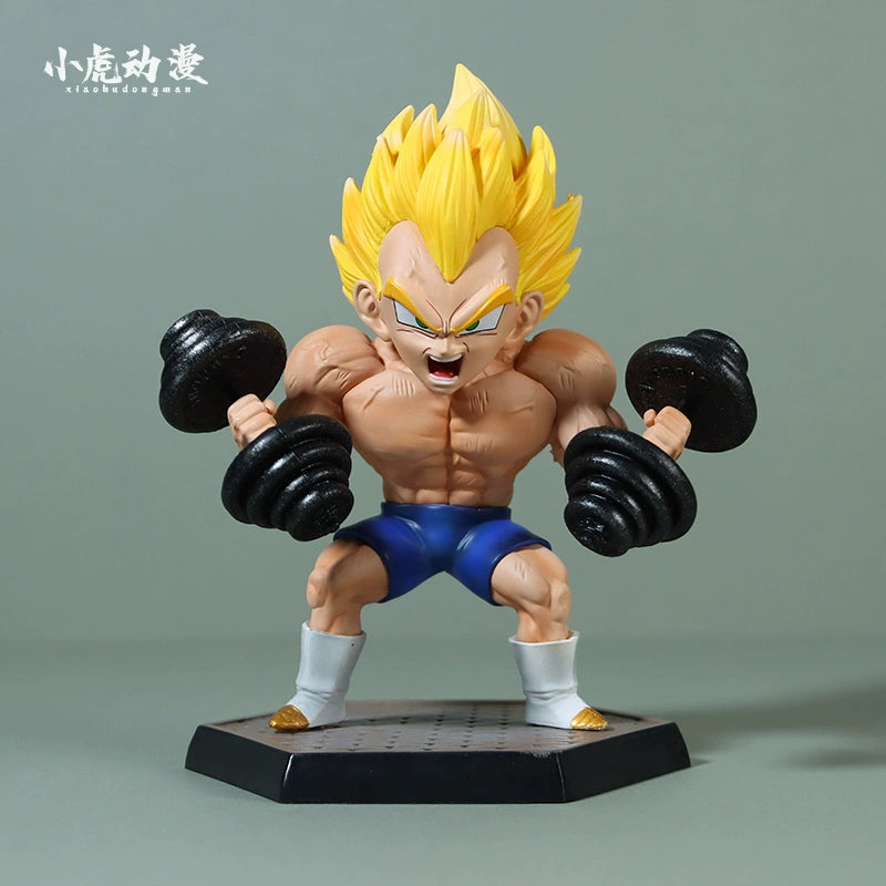 The Seakoff Vegeta Super Saiyan Collectible Figure (17cm) features Vegeta with yellow spiky hair and a weightlifting pose. He wears blue shorts, white shoes, and stands on a hexagonal base, making it an essential Dragon Ball Z collectible.