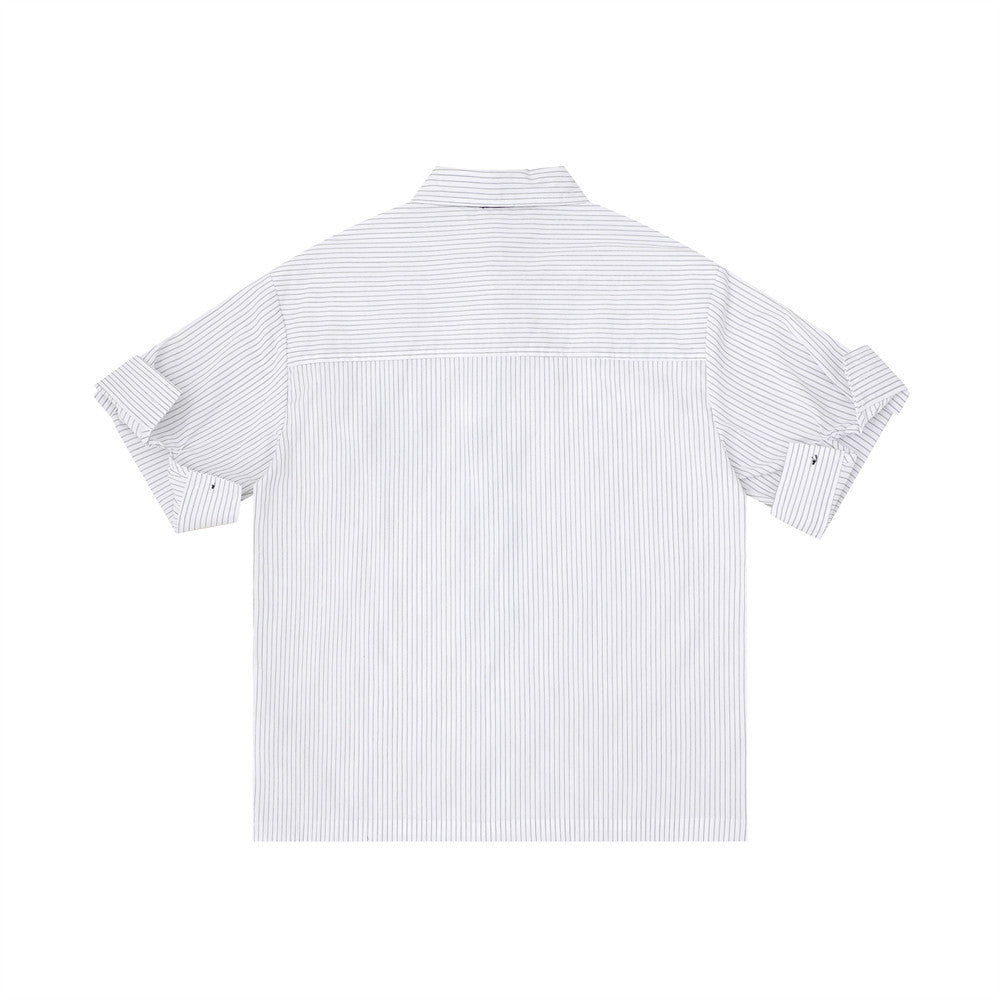 White striped short sleeve button-up shirt shown from the back