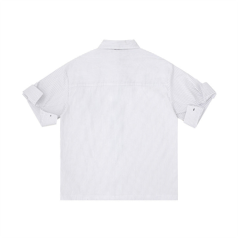 White striped short sleeve button-up shirt shown from the back