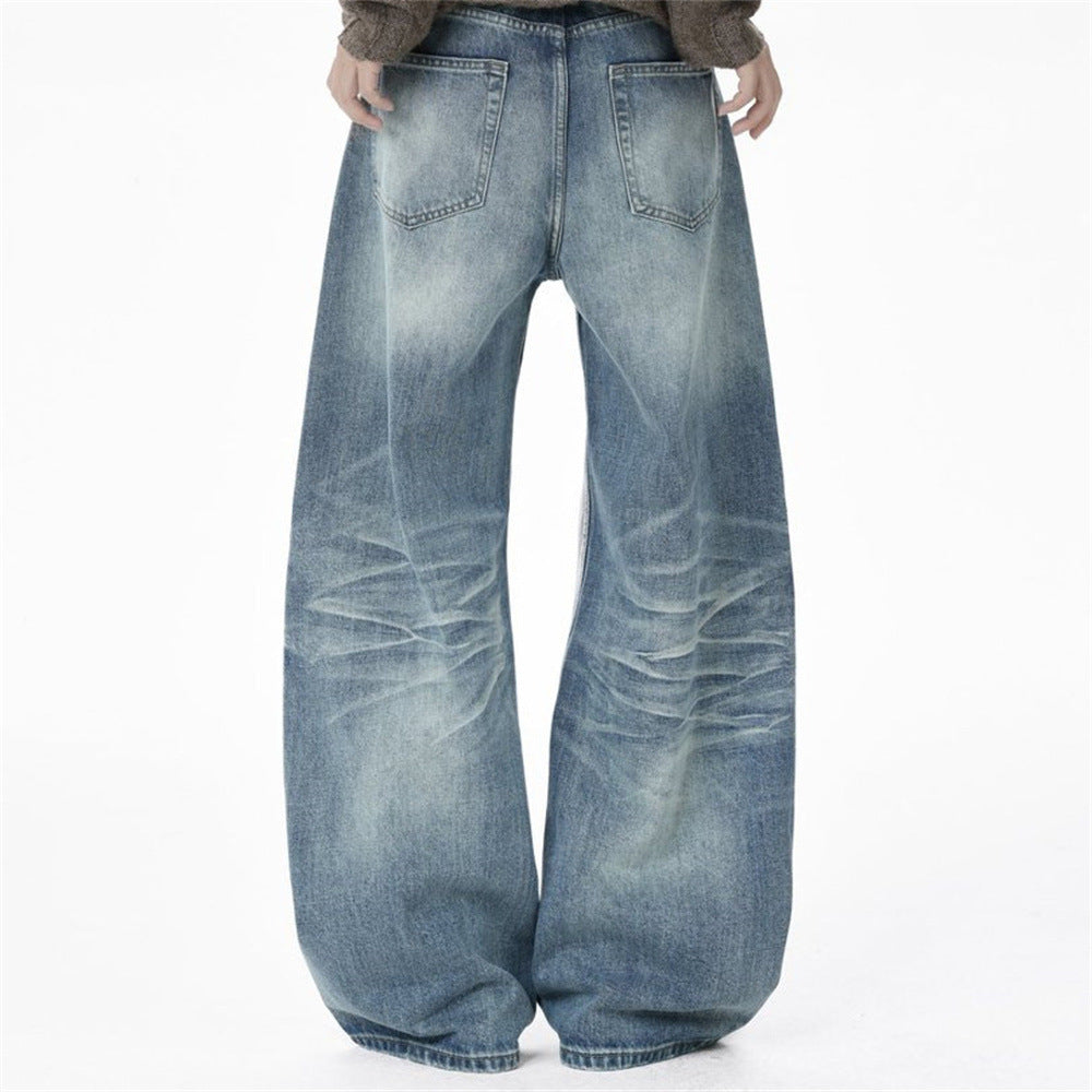 Men's Relaxed Fit Jeans Wide Leg Washed Vintage Blue Baggy Denim