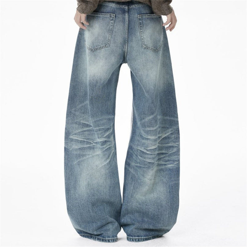 Men's Relaxed Fit Jeans Wide Leg Washed Vintage Blue Baggy Denim