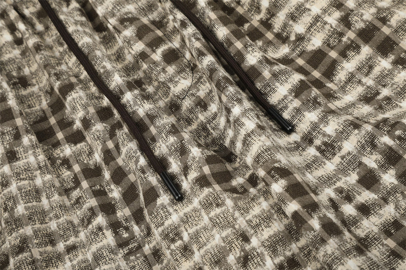 Brown Plaid Wide-Leg Pants – Distressed Tie-Dye Vintage Loose Straight Trousers