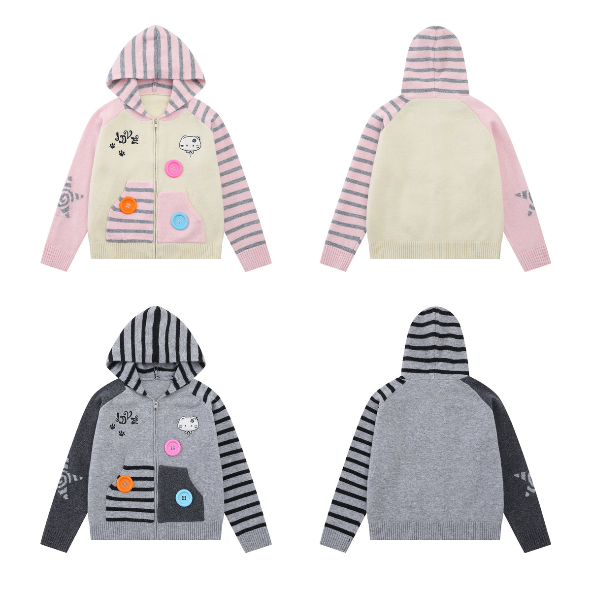 Cartoon Cat Knit Zip-Up Hoodie – Striped Colorblock Cardigan Sweater