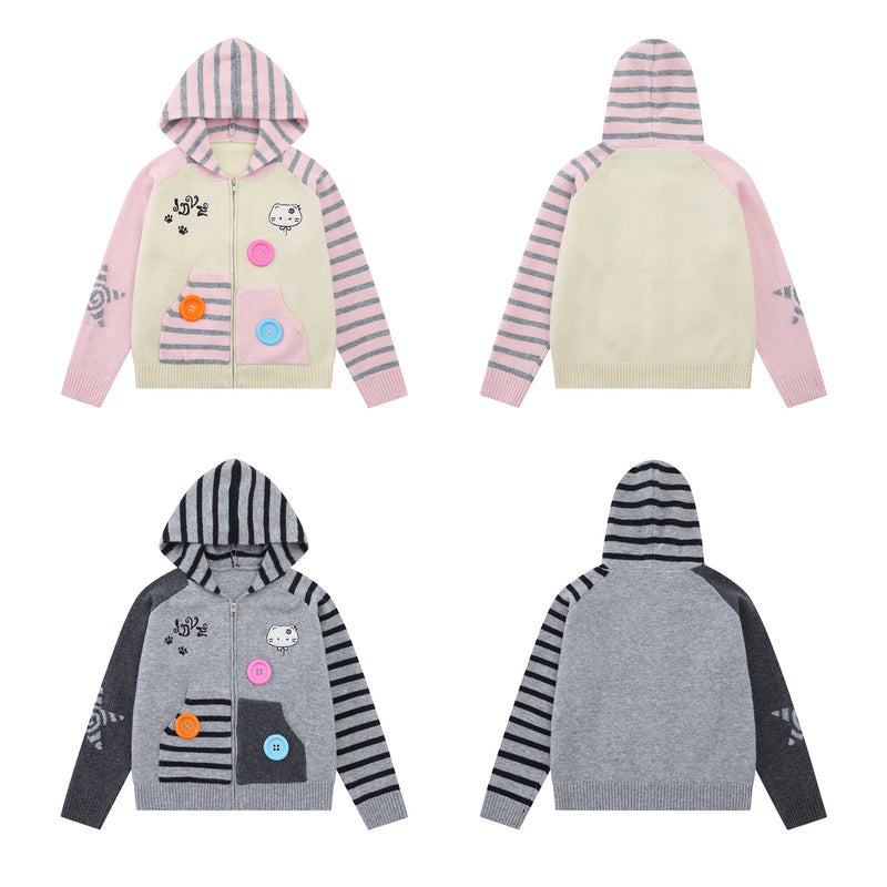 Cartoon Cat Knit Zip-Up Hoodie – Striped Colorblock Cardigan Sweater