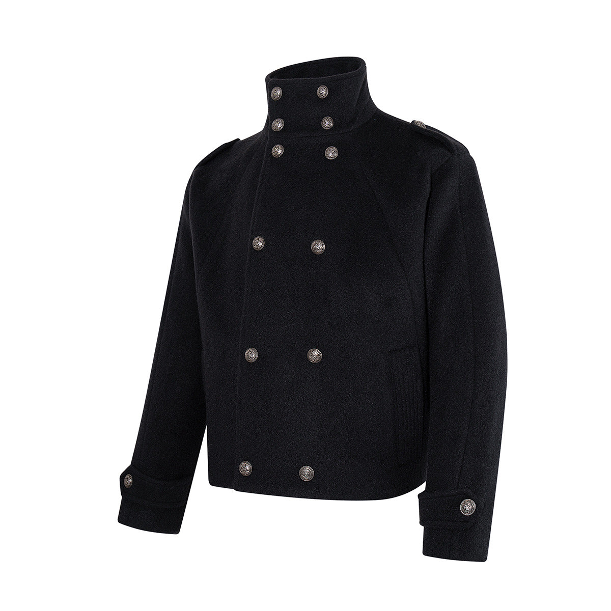 Men's Black Double-Breasted Military Wool Jacket with Stand Collar