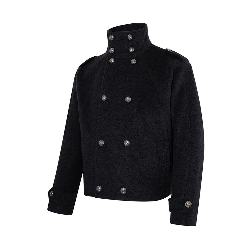 Men's Black Double-Breasted Military Wool Jacket with Stand Collar