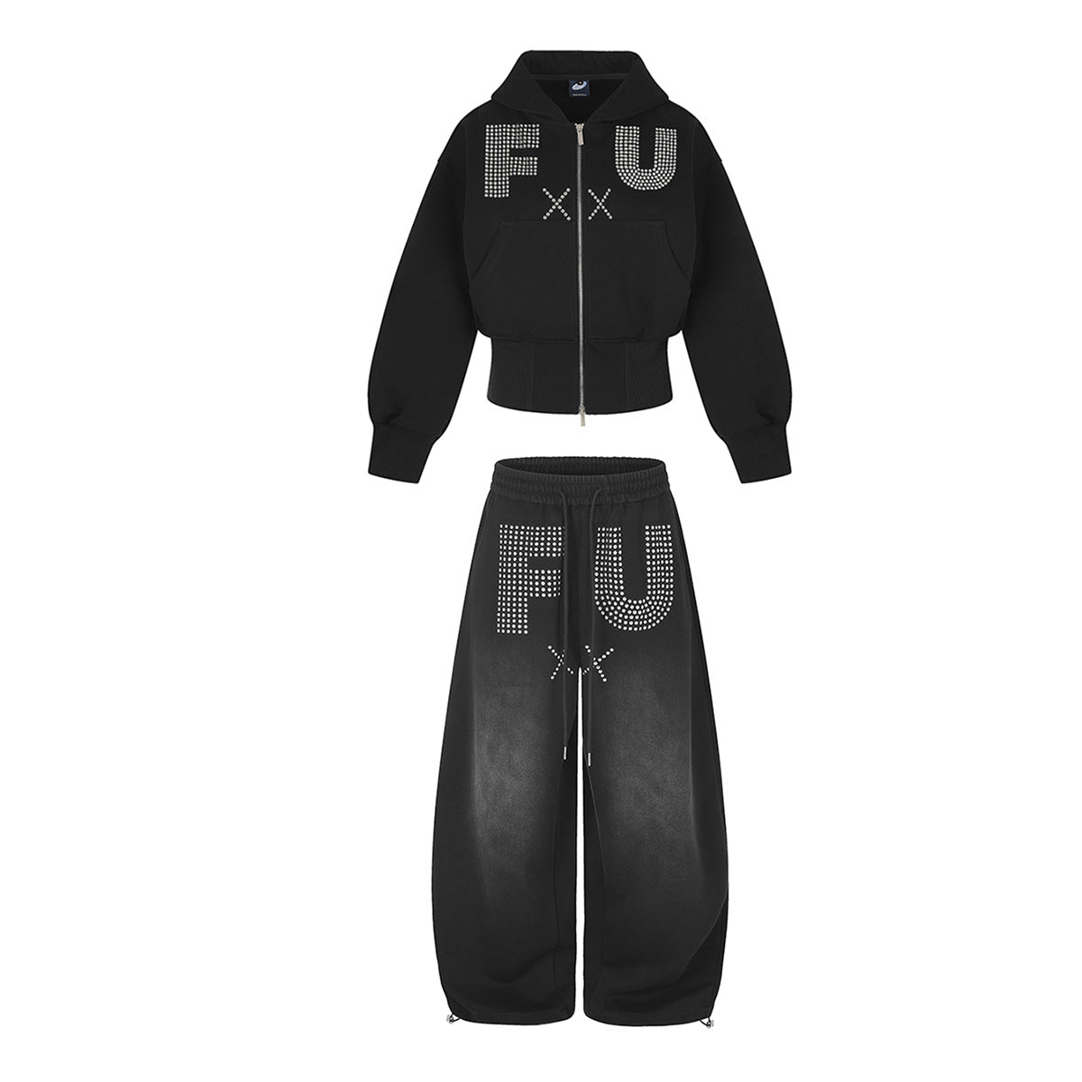 Pantalon de survêtement à jambes larges avec motif FU en strass et délavage vintage