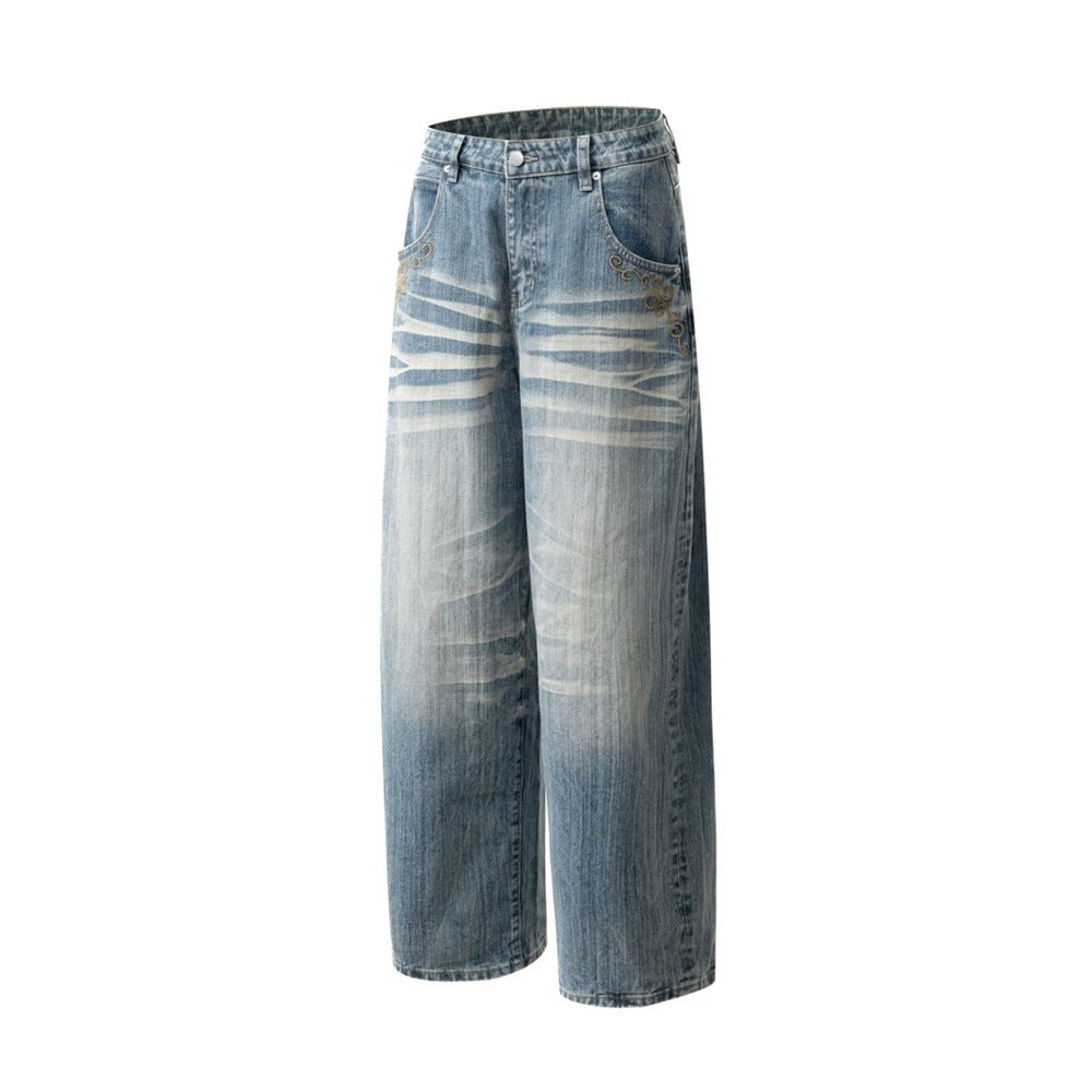 Light Blue Baggy Jeans Men – Vintage Wash Wide-Leg Denim with Punk Embroidery