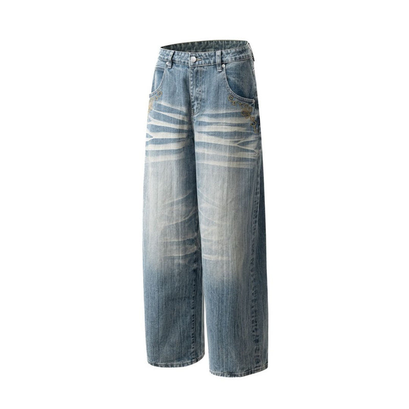 Light Blue Baggy Jeans Men – Vintage Wash Wide-Leg Denim with Punk Embroidery