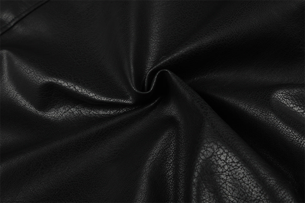 Men's Faux Leather Bomber Jacket with Diagonal Zip & Faux Fur Collar