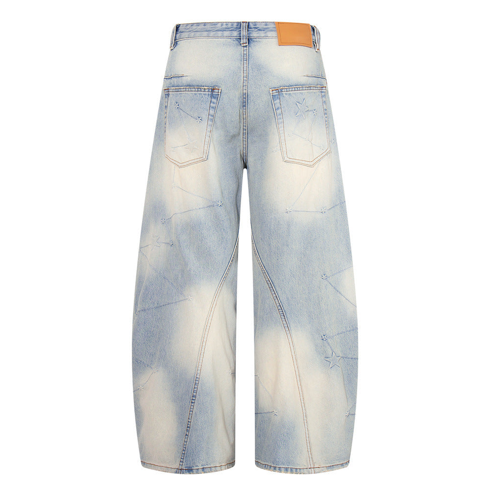 Star Embroidery Wide-Leg Jeans – Vintage Washed Baggy Denim