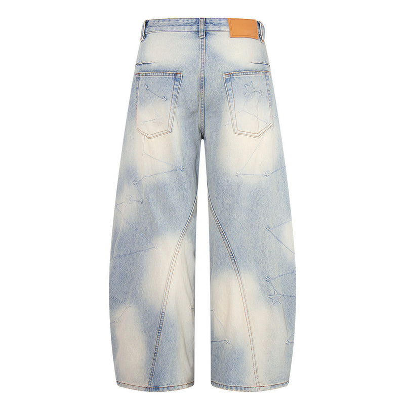Star Embroidery Wide-Leg Jeans – Vintage Washed Baggy Denim