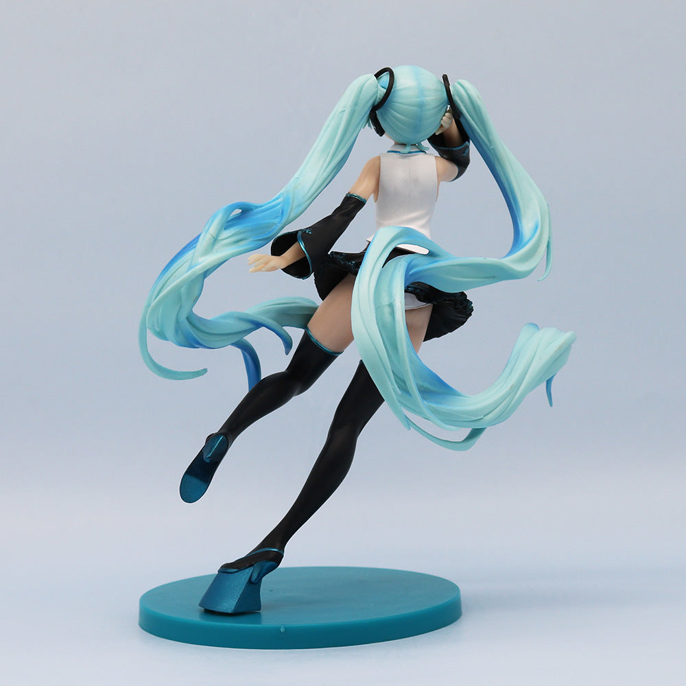 The Flying Hatsune Miku 20cm PVC Figure by Hatsune Miku is a must-have for fans, featuring long turquoise twin tails in a dynamic flying pose. She wears a sleeveless top, black skirt, thigh-high stockings, and high heels, striking an energetic stance on a round base. Comes with box.