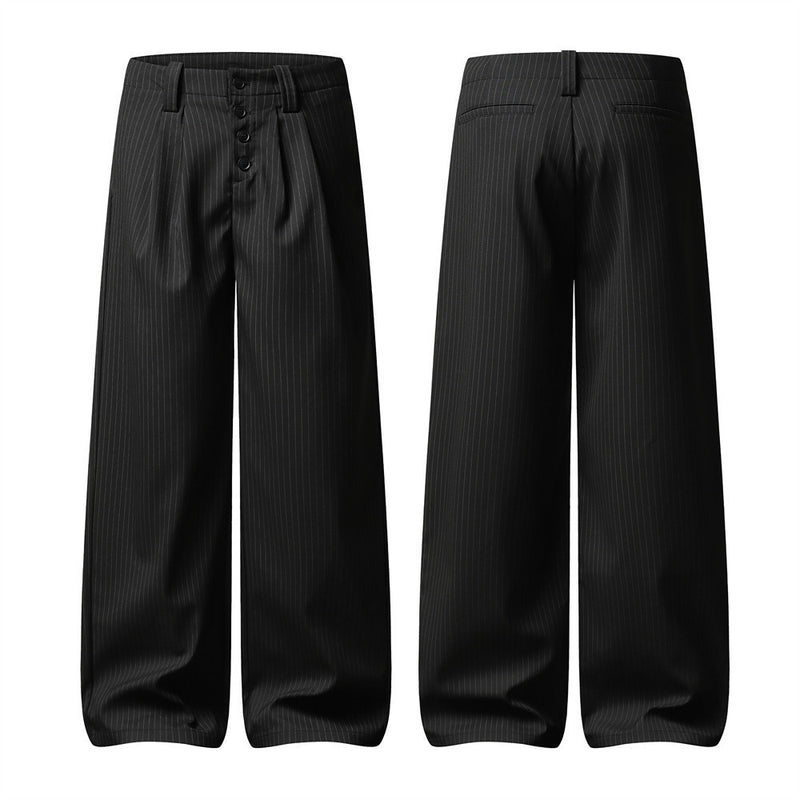 Men's Black Pinstripe Wide-Leg Trousers – Pleated Button-Fly Dress Pants
