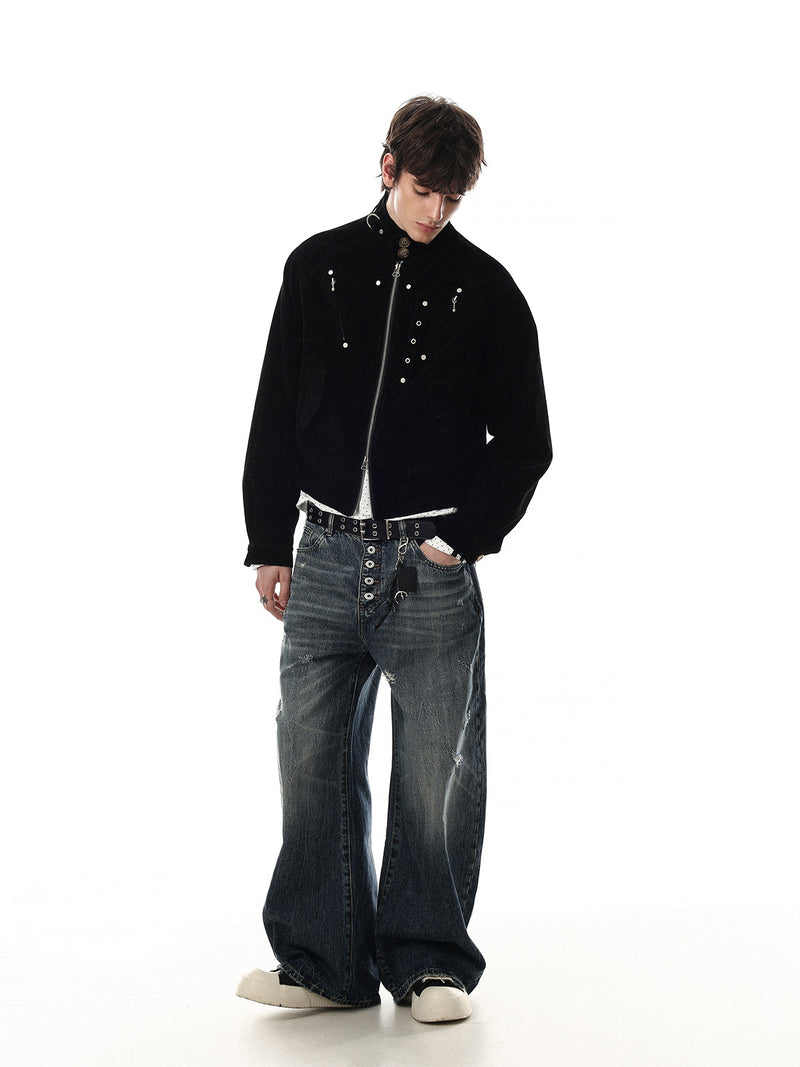 Blouson bomber court en suédine avec éléments métalliques – Style streetwear punk