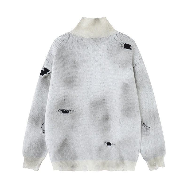 Distressed Cross Knit Cardigan mit Reißverschluss – Oversized Destroyed-Strickmode für