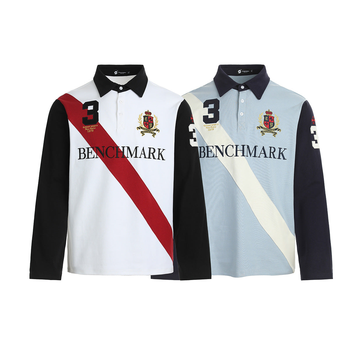 Benchmark Long-Sleeve Rugby Polo Shirt – Colorblock Diagonal Stripe & Crest