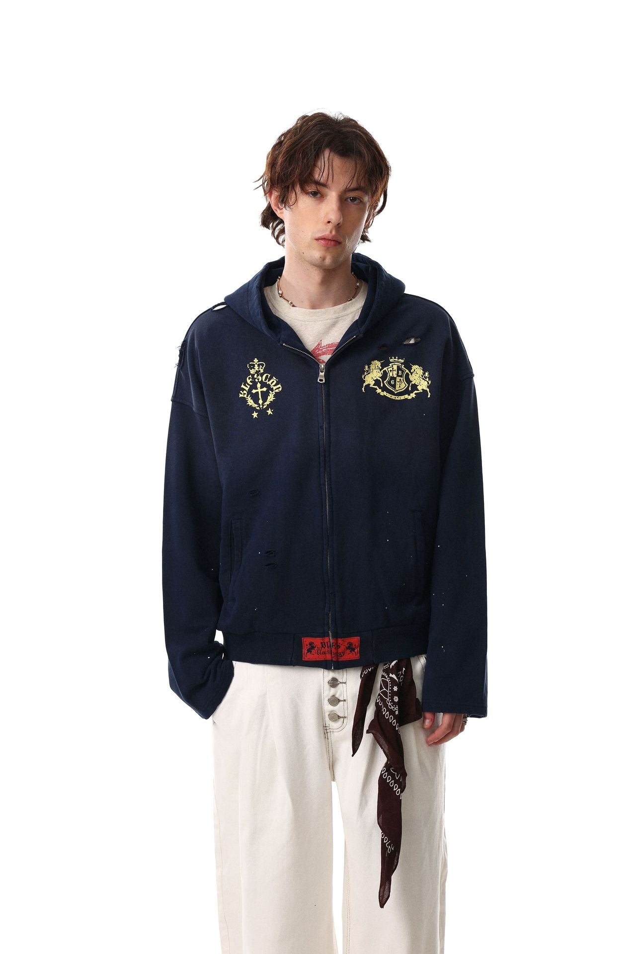 Distressed-Zip-Hoodie mit goldenem Wappenprint – Navy