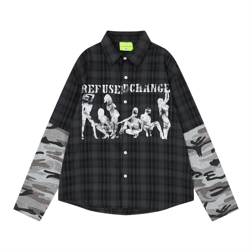 Men's Plaid & Camo Splice Long Sleeve Shirt with Figure Graphic Print
