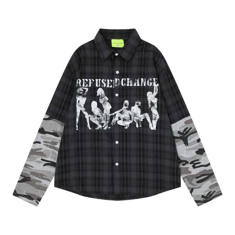 Men's Plaid & Camo Splice Long Sleeve Shirt with Figure Graphic Print