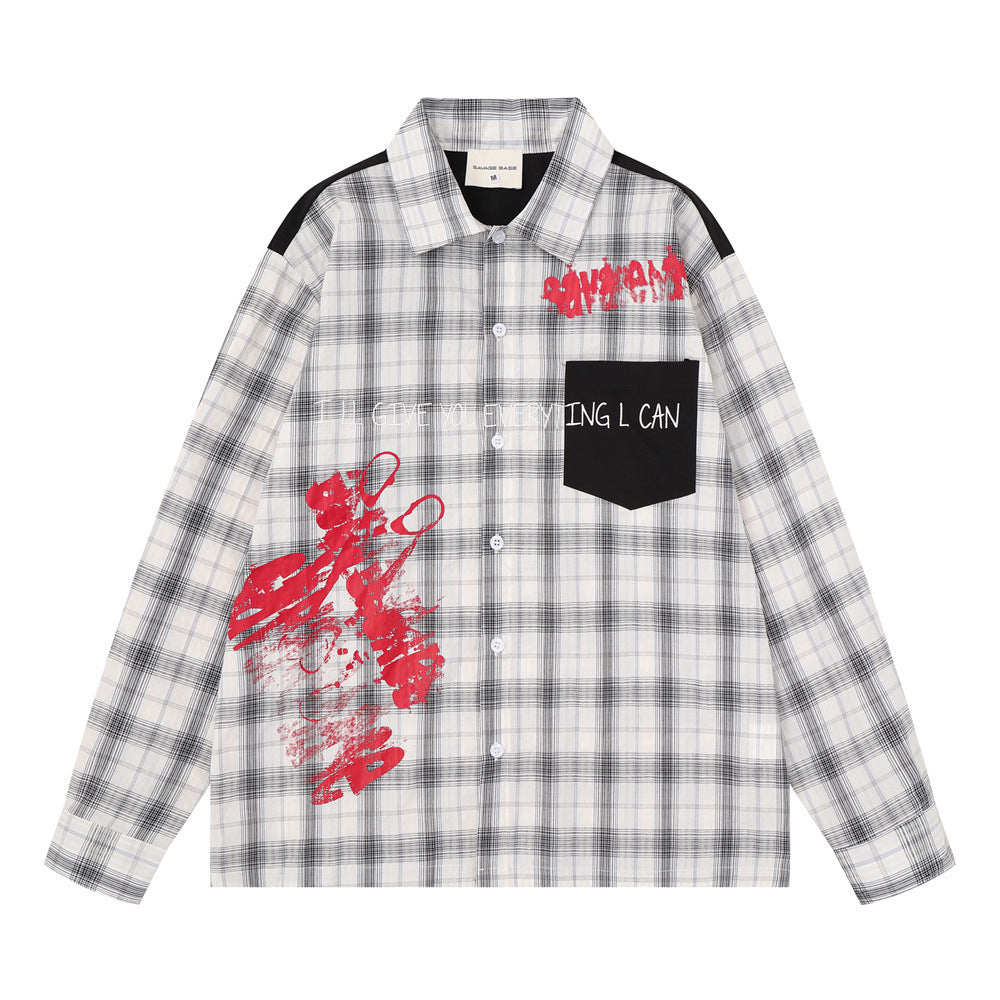 Camisa informal de botones para hombre – Estampado de graffiti a cuadros, estilo punk urbano de manga larga