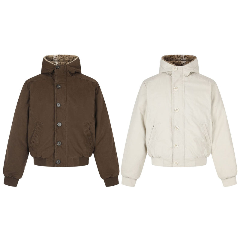 Hooded Bomber Jacket with Faux Leopard Fur-Lined Hood – Relaxed Fit Winter